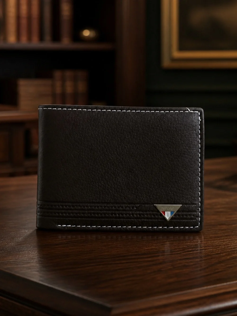 Men's Coffee Color Leather Bifold Wallet with Contrast Stitching